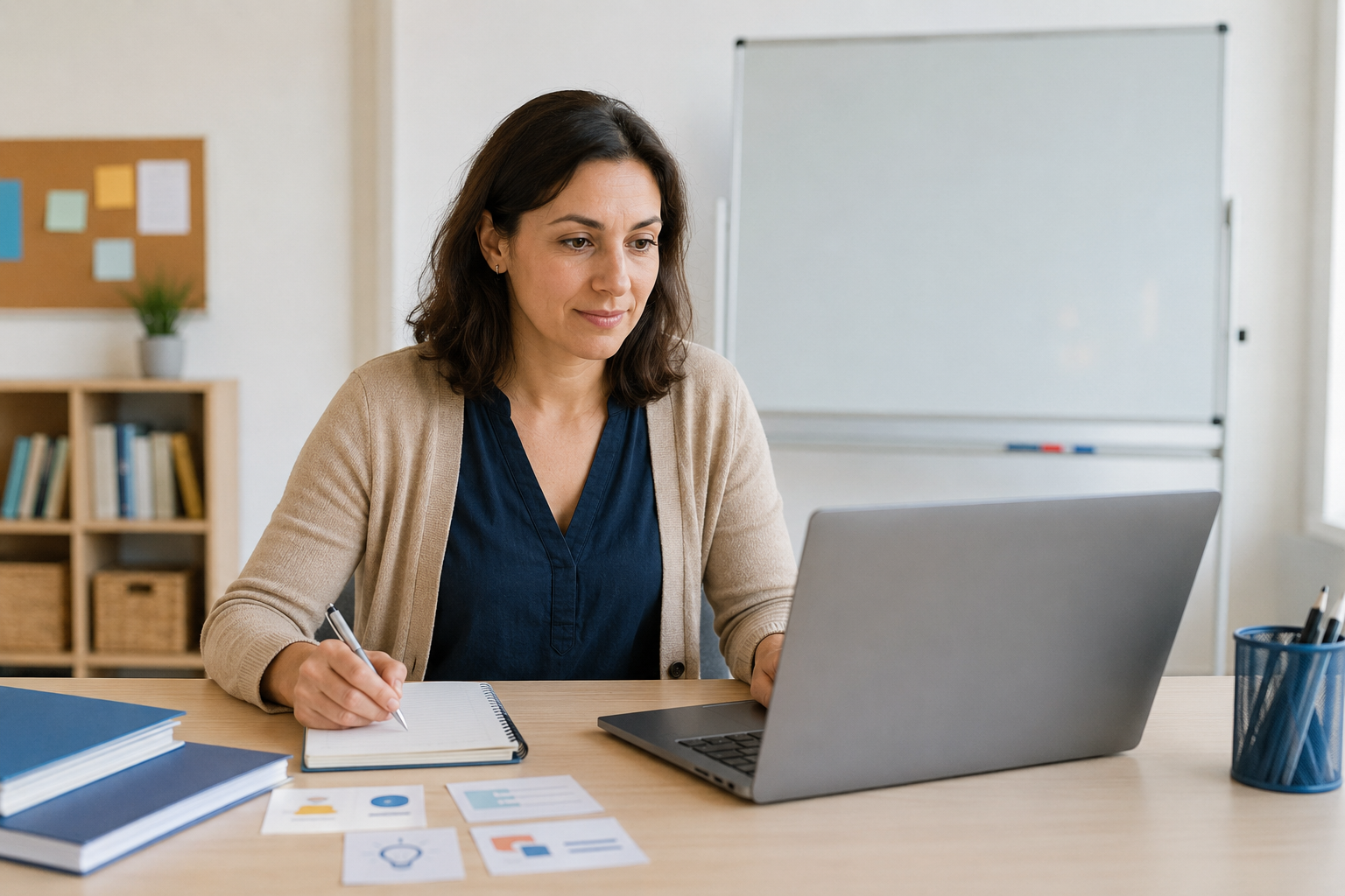 Une formatrice prépare des ressources pédagogiques sur son ordinateur